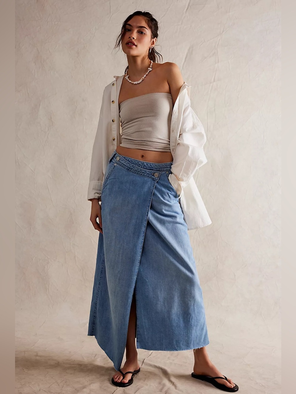 NWT Free People We The Free Roxie Light Blue Denim Wrap Maxi Skirt Size 28
